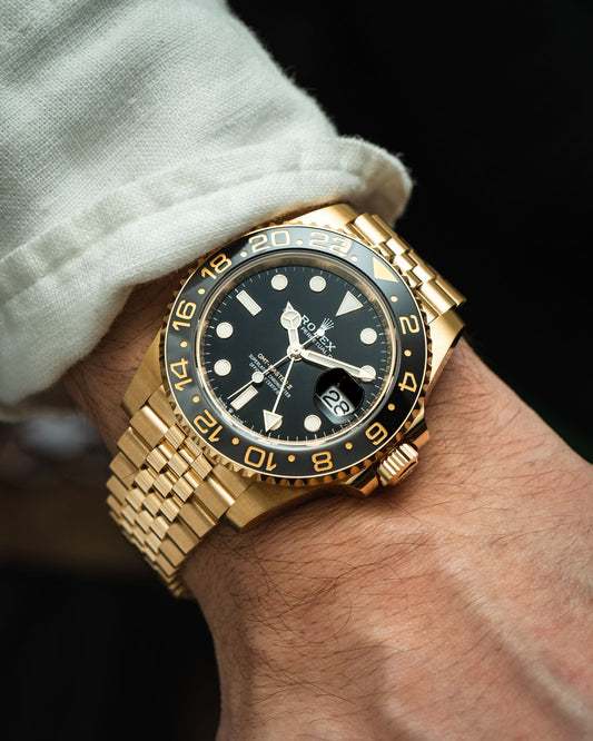 GMT-Master II yellow gold Jubilee bracelet and Black dial.